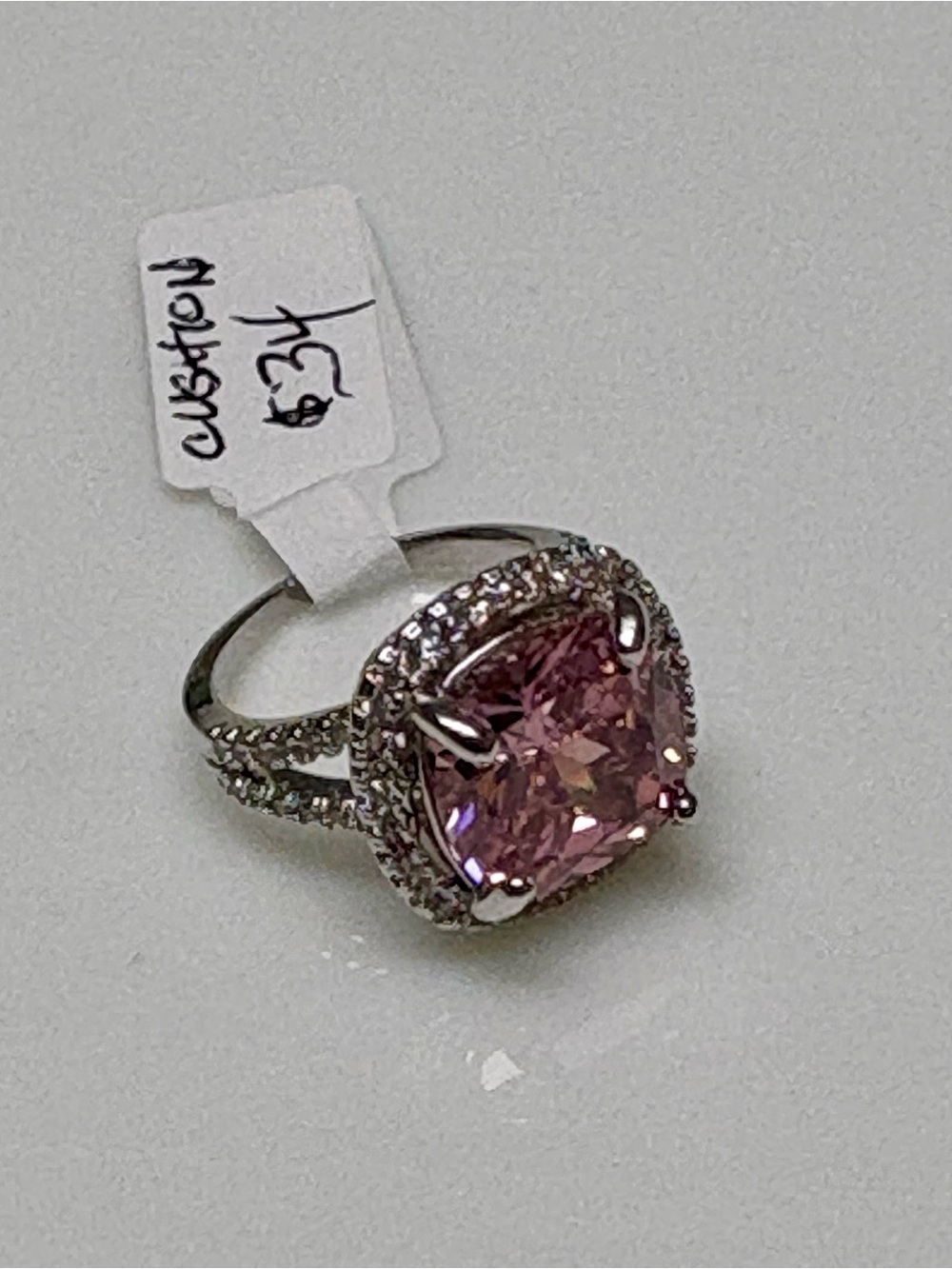 Pink Cushion Cut Halo Setting Silver Tone Split Shank Cocktail Ring. Size 6. NWT